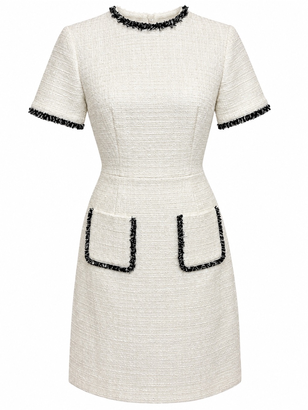Brooks Brothers Ivory Tweed Sheath Dress Black Fringe Trim Size 0